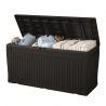 Cutie de depozitare pentru exterior, pentru accesorii gradina si terasa, cu capac, material polipropilena, culoare graphite, Keter Comfy, 270 L, manere, rezistenta UV
