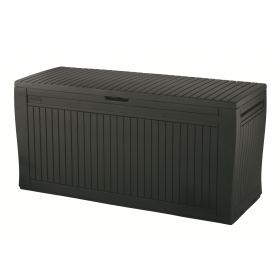 Cutie de depozitare pentru exterior, pentru accesorii gradina si terasa, cu capac, material polipropilena, culoare graphite, Keter Comfy, 270 L, manere, rezistenta UV
