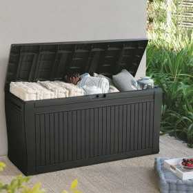 Cutie de depozitare pentru exterior, pentru accesorii gradina si terasa, cu capac, material polipropilena, culoare graphite, Keter Comfy, 270 L, manere, rezistenta UV