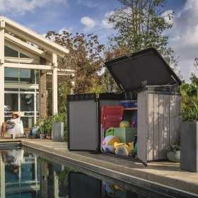 Dulap depozitare exterior, plastic, pentru scule de gradina, gri, 1150 L, Keter Elite, incuietoare, rezistent la intemperii