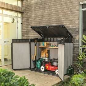 Dulap depozitare exterior, plastic, pentru scule de gradina, gri, 1150 L, Keter Elite, incuietoare, rezistent la intemperii