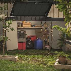 Dulap depozitare exterior, plastic, pentru scule de gradina, gri, 1150 L, Keter Elite, incuietoare, rezistent la intemperii