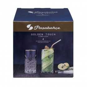 Set 4 pahare long drink Pasabahce Timeless Golden Touch 450 ml