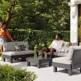 Set mobilier terasa, polipropilena, Keter, colectia Elements, pentru gradina sau foisor, cu masuta, 1 canapea, 2 scaune, 5 locuri, culoare grafit, rezistent la UV
