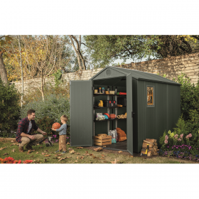 Casuta de gradina, Keter, verde, 6x8, colectie Darwin, cu usa dubla, cu podea, cu ventilatie, cu ferestre