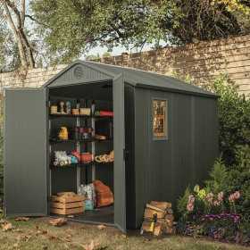 Casuta de gradina, Keter, verde, 6x8, colectie Darwin, cu usa dubla, cu podea, cu ventilatie, cu ferestre