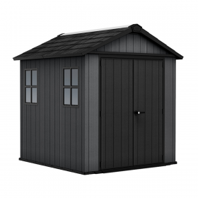 Casuta de gradina, Keter, gri, colectie Newton Plus, 7x7.5, podea, ventilatie, usa dubla, intrare laterala