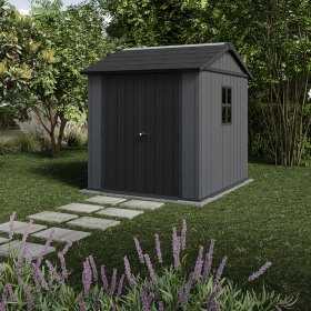 Casuta de gradina, Keter, gri, colectie Newton Plus, 7x7.5, podea, ventilatie, usa dubla, intrare laterala
