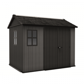 Casuta de gradina, Keter, gri, colectie Newton Plus, 9x7.5, podea, ventilatie, usa dubla, intrare laterala, ransforsare metalica