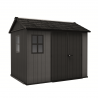 Casuta de gradina, Keter, gri, colectie Newton Plus, 9x7.5, podea, ventilatie, usa dubla, intrare laterala, ransforsare metalica Usa dubla, Sistem de inchidere, Luminator, Ferestre, Ventilatie, Evotech, 185 kg, Newton