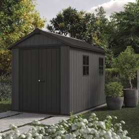 Casuta de gradina, Keter, gri, colectie Newton Plus, 9x7.5, podea, ventilatie, usa dubla, intrare laterala, ransforsare metalica