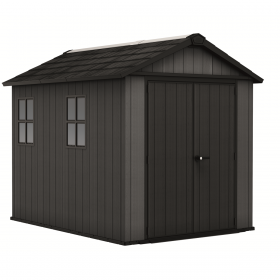 Casuta de gradina, Keter, gri, colectie Newton Plus, 9x7.5, podea, ventilatie, usa dubla, intrare laterala, ransforsare metalica