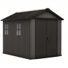 Casuta de gradina, Keter, gri, colectie Newton Plus, 9x7.5, podea, ventilatie, usa dubla, intrare laterala, ransforsare metalica Usa dubla, Sistem de inchidere, Luminator, Ferestre, Ventilatie, Evotech, 185 kg, Newton