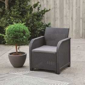 Set mobilier pentru terasa, polipropilena, Keter, colectia Rosalie, pentru exterior, masuta cu spatiu de depozitare, 1 canapea 3 locuri, 2 fotolii, culoare maro, 5 locuri