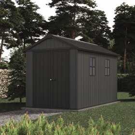 Casuta de gradina, Keter, gri, colectie Newton Plus, 11x7.5, podea, ventilatie, usa dubla, intrare laterala, structura metalica