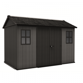 Casuta de gradina, Keter, gri, colectie Newton Plus, 11x7.5, podea, ventilatie, usa dubla, intrare laterala, structura metalica
