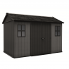 Casuta de gradina, Keter, gri, colectie Newton Plus, 11x7.5, podea, ventilatie, usa dubla, intrare laterala, structura metalica Usa dubla, Sistem de inchidere, Luminator, Ferestre, Ventilatie, Evotech, Newton