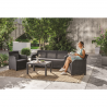 Set mobilier de gradina Keter Rosalie, din polipropilena, imitatie ratan, cu masuta multifunctionala Orlando, cu 2 fotolii si canapea 3 locuri, pentru balcon si terasa, culoare grafit, rezistent la UV si intemperii