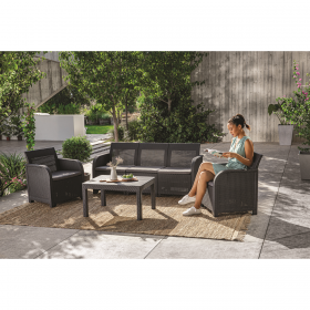 Set mobilier de gradina Keter Rosalie, din polipropilena, imitatie ratan, cu masuta multifunctionala Orlando, cu 2 fotolii si canapea 3 locuri, pentru balcon si terasa, culoare grafit, rezistent la UV si intemperii