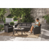 Set mobilier de gradina Keter Rosalie, din polipropilena, imitatie ratan, cu masuta multifunctionala Orlando, cu 2 fotolii si canapea 3 locuri, pentru balcon si terasa, culoare grafit, rezistent la UV si intemperii