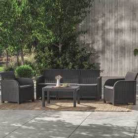 Set mobilier de gradina Keter Rosalie, din polipropilena, imitatie ratan, cu masuta multifunctionala Orlando, cu 2 fotolii si canapea 3 locuri, pentru balcon si terasa, culoare grafit, rezistent la UV si intemperii