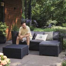 Set mobilier gradina, material polipropilena, Keter California, pentru balcon si terasa, 3 locuri, cu scaun, cu masuta cafea, culoare grafit, rezistent UV si intemperii, usor de asamblat