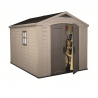 Casuta de gradina, Keter, Bej, 256.5 x 331.5 x 243 cm, colectie Factor, cu usa dubla, cu podea, cu ferestre, cu ventilatie, cu r Usa dubla, Sistem de inchidere, Ferestre, Ventilatie, Composit rasini, 195 Kg, 5.1-10 mp, Factor