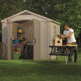 Casuta de gradina, Keter, Bej, 256.5 x 331.5 x 243 cm, colectie Factor, cu usa dubla, cu podea, cu ferestre, cu ventilatie, cu r
