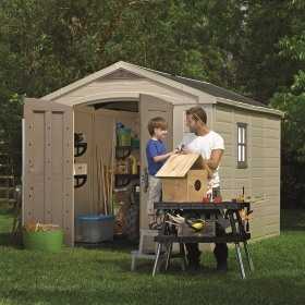 Casuta de gradina, Keter, Bej, 256.5 x 331.5 x 243 cm, colectie Factor, cu usa dubla, cu podea, cu ferestre, cu ventilatie, cu r