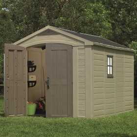 Casuta de gradina, Keter, Bej, 256.5 x 331.5 x 243 cm, colectie Factor, cu usa dubla, cu podea, cu ferestre, cu ventilatie, cu r