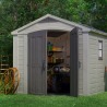 Casuta de gradina, Keter, Bej, 256.5 x 331.5 x 243 cm, colectie Factor, cu usa dubla, cu podea, cu ferestre, cu ventilatie, cu r Usa dubla, Sistem de inchidere, Ferestre, Ventilatie, Composit rasini, 195 Kg, 5.1-10 mp, Factor