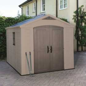 Casuta de gradina, Keter, Bej, 256.5 x 331.5 x 243 cm, colectie Factor, cu usa dubla, cu podea, cu ferestre, cu ventilatie, cu r