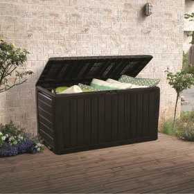 Lada plastic de depozitare gradina, pentru unelte, jucarii, perne, cu capac incuietor, material rezistent UV, maro, Keter Marvel Plus, 117x57x45 cm, 270 L