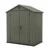 Casuta de gradina, Keter, Verde Maslin, 6x4, colectie Darwin, cu podea, cu usa dubla, cu ventilatie, cu ranforsare metalica Usa dubla, Sistem de inchidere, Luminator, Ventilatie, Evotech, Darwin