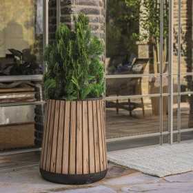 Ghiveci flori exterior, aspect de lemn maro, Keter, pentru pergola, gradina si terasa, colectie Deco Conic Walnut, fara farfurie