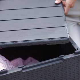 Cutie depozitare cu capac, pentru gradina si balcon, Keter Vigo, polipropilena rezistenta UV, imitatie lemn, pentru unelte si jucarii, graphite