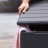 Cutie depozitare cu capac, pentru gradina si balcon, Keter Vigo, polipropilena rezistenta UV, imitatie lemn, pentru unelte si jucarii, graphite 