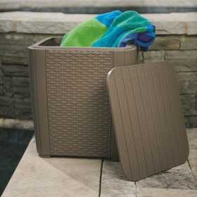 Cutie depozitare cu capac, pentru gradina, Keter, polipropilena, pentru unelte si jucarii, cappuccino, patrata, capac rezistent, rezistenta UV, 39x39x43 cm
