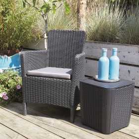 Set mobilier de gradina din polipropilena, Keter Trenton, pentru terasa sau balcon, masuta inclusa, 2 fotolii, culoare grafit, rezistent UV si intemperii