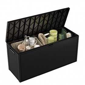Cutie depozitare pentru exterior, cu capac, pentru unelte si obiecte uz casnic, material plastic, culoare grafit, Keter Emily, imitatie ratan, 280 L