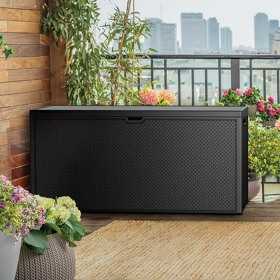 Cutie depozitare pentru exterior, cu capac, pentru unelte si obiecte uz casnic, material plastic, culoare grafit, Keter Emily, imitatie ratan, 280 L