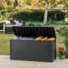 Cutie depozitare pentru exterior, cu capac, pentru unelte si obiecte uz casnic, material plastic, culoare grafit, Keter Emily, imitatie ratan, 280 L 