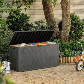 Cutie depozitare pentru exterior, cu capac, pentru unelte si obiecte uz casnic, material plastic, culoare grafit, Keter Emily, imitatie ratan, 280 L
