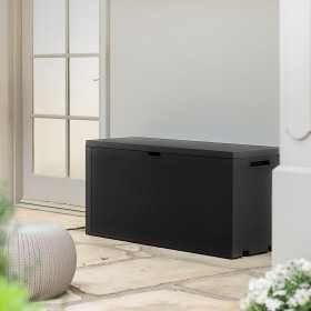 Cutie depozitare pentru exterior, cu capac, pentru unelte si obiecte uz casnic, material plastic, culoare grafit, Keter Emily, imitatie ratan, 280 L