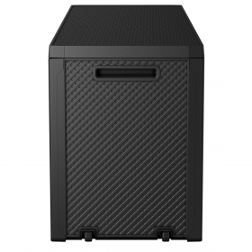 Cutie depozitare pentru exterior, cu capac, pentru unelte si obiecte uz casnic, material plastic, culoare grafit, Keter Emily, imitatie ratan, 280 L