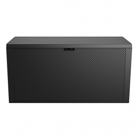 Cutie depozitare pentru exterior, cu capac, pentru unelte si obiecte uz casnic, material plastic, culoare grafit, Keter Emily, imitatie ratan, 280 L