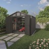 Casuta de gradina, Keter, Gri, colectie Stronghold, 10x8, material Evotech, usa dubla, podea, ventilatie, ranforsare metalica Usa dubla, Sistem de inchidere, Luminator, Ferestre, Ventilatie, Evotech, 184 kg, Stronghold