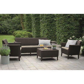 Set mobilier gradina si terasa, maro, material polipropilena, Keter, colectie Salemo, cu masa, 1 canapea, 2 fotolii, perne incluse, rezistent la UV si intemperii
