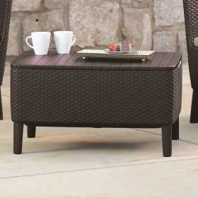 Set mobilier gradina si terasa, maro, material polipropilena, Keter, colectie Salemo, cu masa, 1 canapea, 2 fotolii, perne incluse, rezistent la UV si intemperii