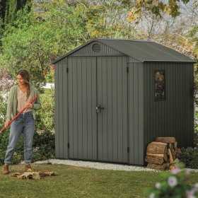 Casuta de gradina, Keter, verde maslin, 6x6, colectie Darwin, cu usa dubla, cu podea, cu ventilatie, cu ranforsare metalica